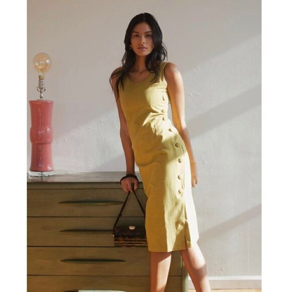 NWT Womens Sayuri Chartreuse Green Button Side Sleeveless Midi Dress - Picture 3 of 13